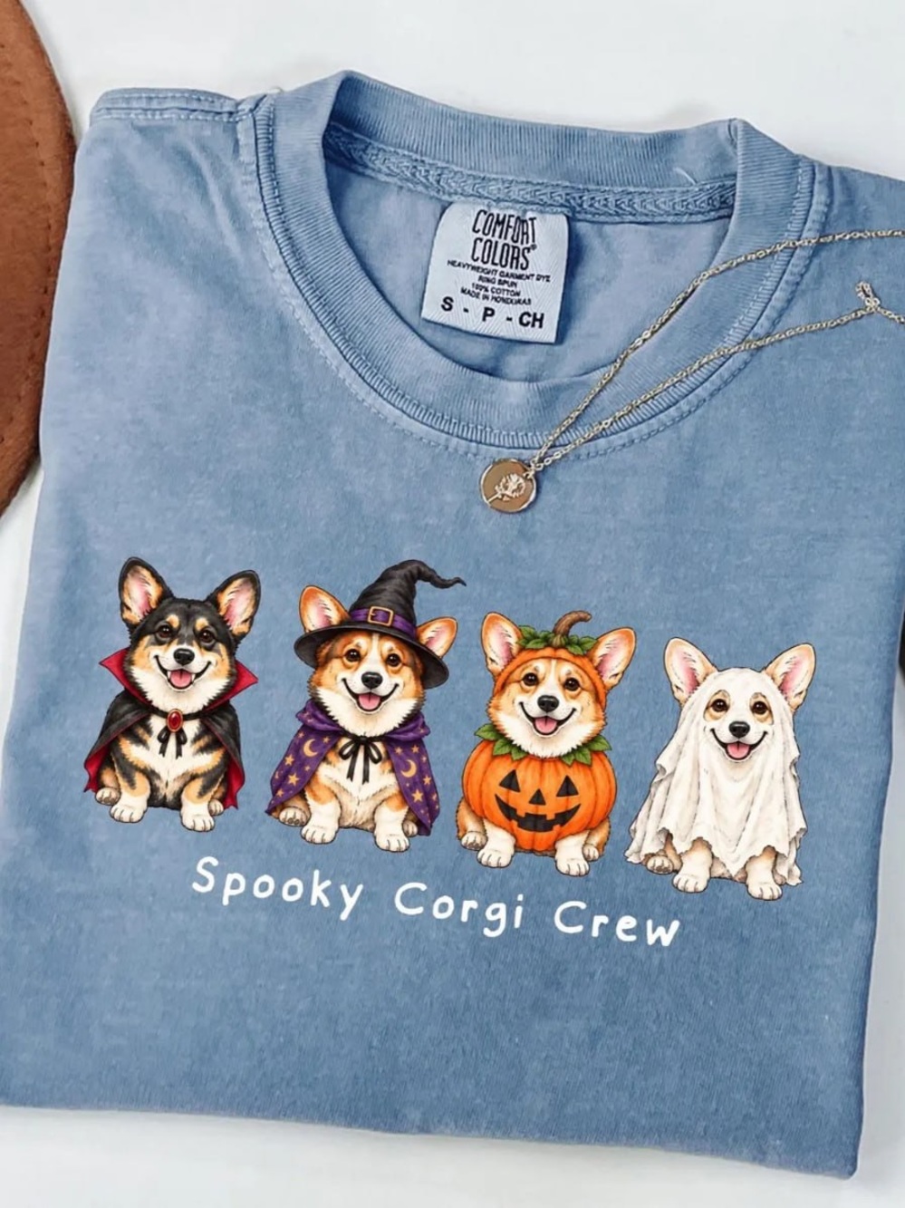Comfort Colors Spooky Corgi Crew T-Shirt in Blue Jeans